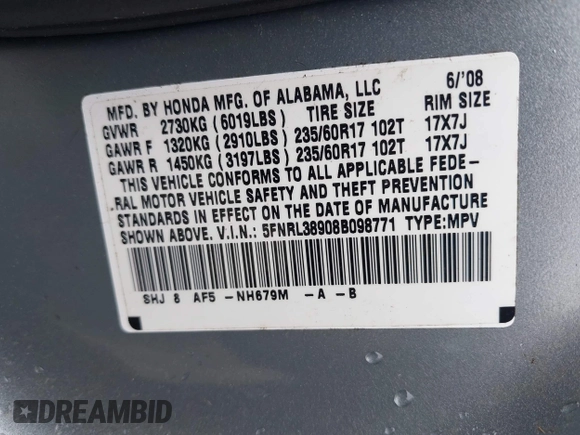 2008 Honda Odyssey Touring with VIN 5FNRL38908B098771, listed as a IAAI auction lot 41878646 with 167,834 mi miles. Bid and sale history available at carsss.com. Image 9.