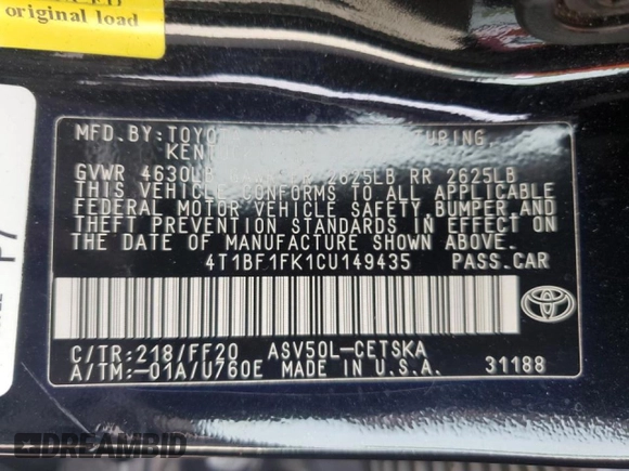 2012 Toyota Camry L with VIN 4T1BF1FK1CU149435, listed as a Copart auction lot 51278525 with 212,817 mi miles and Salvage Title. Bid and sale history available at carsss.com. Image 13.