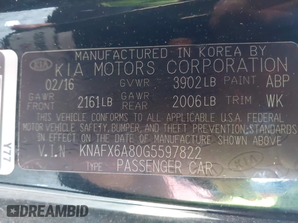 2016 Kia Forte EX with VIN KNAFX6A80G5597822, listed as a IAAI auction lot 41630981 with 128,560 mi miles and . Bid and sale history available at DreamBid. Image 9.