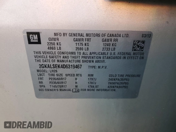 2013 GMC Terrain SLE with VIN 2GKALSEK4D6319467, listed as a Copart auction lot 55895535 with 147,774 mi miles and Clean Title. Bid and sale history available at DreamBid. Image 13.