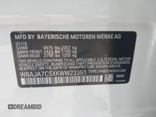 2019 BMW 5 Series 530i xDrive with VIN WBAJA7C5XKWW23351, listed as a IAAI auction lot 41760342 with 45,869 mi miles and . Bid and sale history available at carsss.com. Image 9.