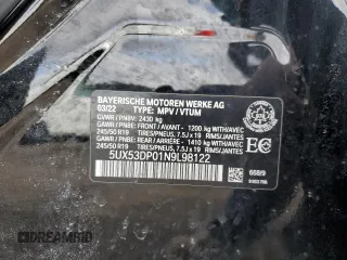 2022 BMW X3 xDrive30i with VIN 5UX53DP01N9L98122, listed as a Copart auction lot 50094865 with 33,452 mi miles and Salvage Title. Bid and sale history available at DreamBid. Image 14.