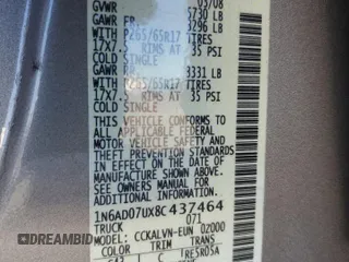 2008 Nissan Frontier SE z VIN 1N6AD07UX8C437464, wystawiony jako Copart lot #49346195 z przebiegiem 301 208 mil mil oraz Szkoda całkowita • Salvage title. Historia ofert i sprzedaży dostępna na DreamBid. Obrazek 13.
