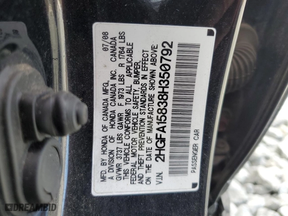 2008 Honda Civic Sdn EX with VIN 2HGFA15838H350792, listed as a Copart auction lot 47448355 with 225,069 mi miles and Salvage Title. Bid and sale history available at carsss.com. Image 12.