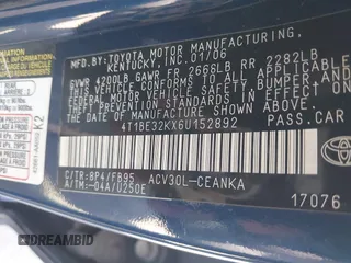 2006 Toyota Camry STD with VIN 4T1BE32KX6U152892, listed as a IAAI auction lot 42312761 with 258,763 mi miles and . Bid and sale history available at DreamBid. Image 9.