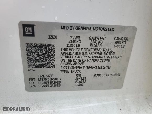 2021 GMC Sierra 2500HD AT4 with VIN 1GT49PEY4MF151246, listed as a Copart auction lot 49975935 with 71,458 mi miles and Salvage Title. Bid and sale history available at carsss.com. Image 13.
