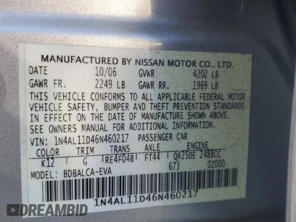 2006 Nissan Altima S with VIN 1N4AL11D46N460217, listed as a Copart auction lot 57550515 with 191,307 mi miles and Salvage title. Bid and sale history available at DreamBid. Image 12.