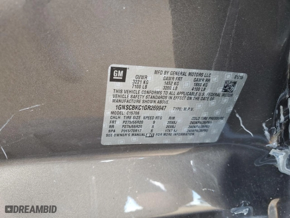 2016 Chevrolet Tahoe LT with VIN 1GNSCBKC1GR269947, listed as a Copart auction lot 42715755 with 0 mi miles and Salvage Title. Bid and sale history available at carsss.com. Image 14.