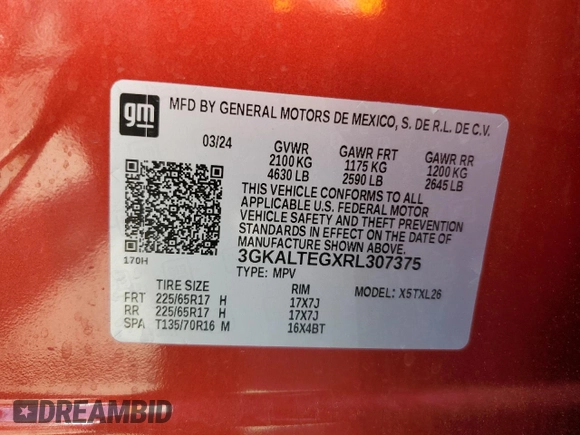 2024 GMC Terrain SLE with VIN 3GKALTEGXRL307375, listed as a Copart auction lot 52790335 with 22,995 mi miles and Salvage title. Bid and sale history available at DreamBid. Image 16.