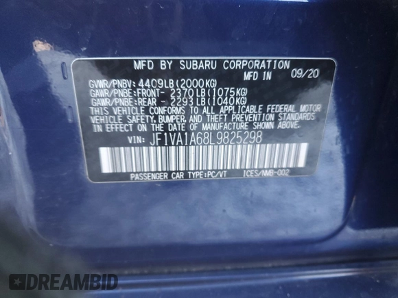 2020 Subaru WRX with VIN JF1VA1A68L9825298, listed as a Copart auction lot 41920775 with 80,491 mi miles and Salvage Title. Bid and sale history available at carsss.com. Image 14.
