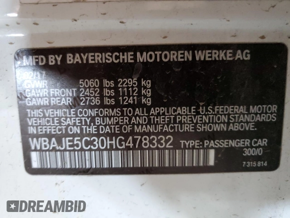 2017 BMW 5 Series 540i with VIN WBAJE5C30HG478332, listed as a Copart auction lot 54056925 with Not Provided miles and Clean Title. Bid and sale history available at carsss.com. Image 12.
