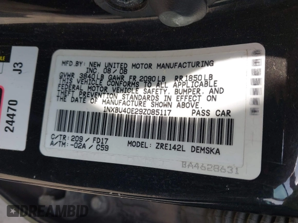 2009 Toyota Corolla with VIN 1NXBU40E29Z085117, listed as a IAAI auction lot 42059893 with 199,576 mi miles. Bid and sale history available at carsss.com. Image 9.