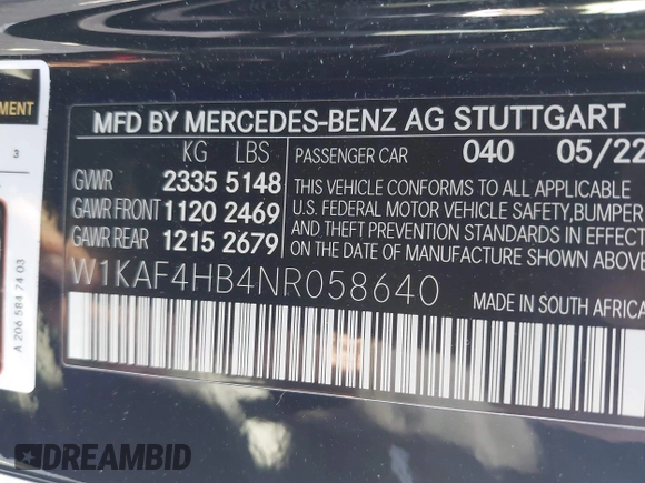 2022 Mercedes-Benz C 300 with VIN W1KAF4HB4NR058640, listed as a IAAI auction lot 41776946 with 47,882 mi miles and . Bid and sale history available at DreamBid. Image 9.