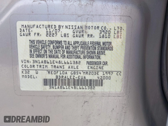 2008 Nissan Sentra S with VIN 3N1AB61E48L661382, listed as a IAAI auction lot 42104551 with 187,914 mi miles and . Bid and sale history available at DreamBid. Image 9.