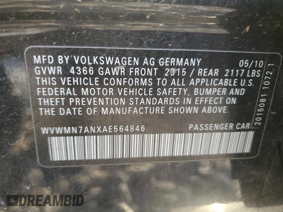 2010 Volkswagen CC Sport with VIN WVWMN7ANXAE564846, listed as a Copart auction lot 77343204 with 133,444 mi miles and Salvage Title. Bid and sale history available at DreamBid. Image 14.