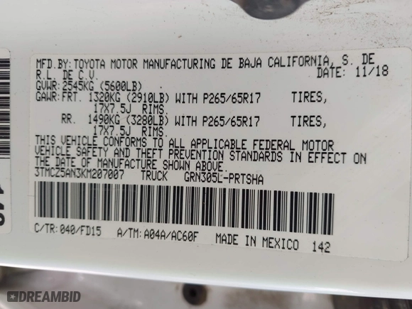 2019 Toyota Tacoma 4WD SR with VIN 3TMCZ5AN3KM207007, listed as a IAAI auction lot 41755529 with 43,203 mi miles. Bid and sale history available at carsss.com. Image 9.