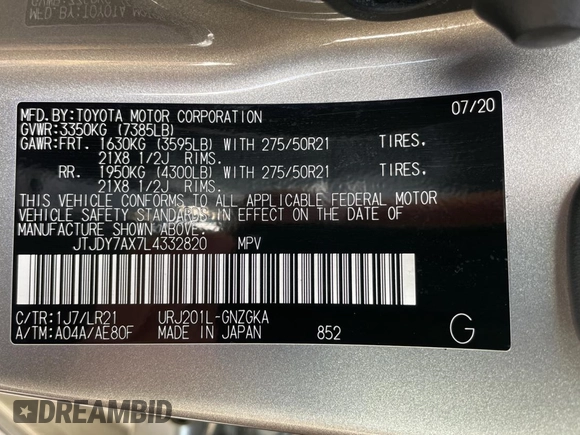 2020 Lexus LX 570 with VIN JTJDY7AX7L4332820, listed as a Copart auction lot 85960234 with 102,384 mi miles and Clean title. Bid and sale history available at DreamBid. Image 10.