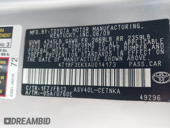 2010 Toyota Camry with VIN 4T1BF3EKXAU014173, listed as a IAAI auction lot 42101697 with 218,976 mi miles and . Bid and sale history available at DreamBid. Image 9.