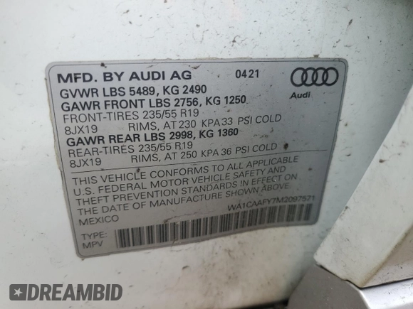 2021 Audi Q5 Prestige with VIN WA1CAAFY7M2097571, listed as a Copart auction lot 53195445 with Not provided miles and Salvage title. Bid and sale history available at DreamBid. Image 14.