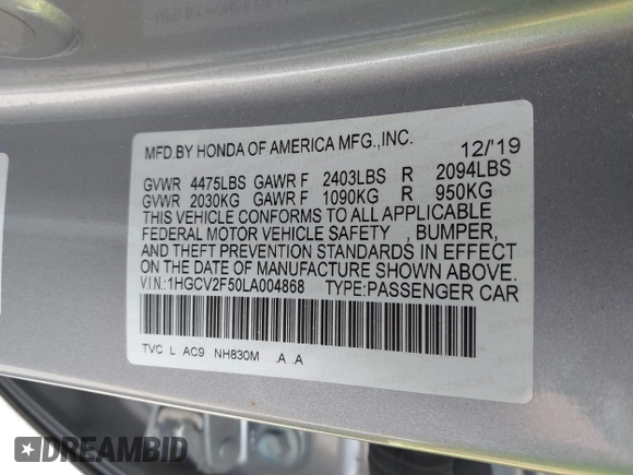 2020 Honda Accord EX-L with VIN 1HGCV2F50LA004868, listed as a IAAI auction lot 42261331 with 27,195 mi miles and . Bid and sale history available at DreamBid. Image 9.