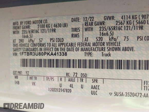 2023 Ford Transit Cargo with VIN 1FTBR3U80PKA41338, listed as a IAAI auction lot 41479619 with 62,136 mi miles and . Bid and sale history available at DreamBid. Image 9.