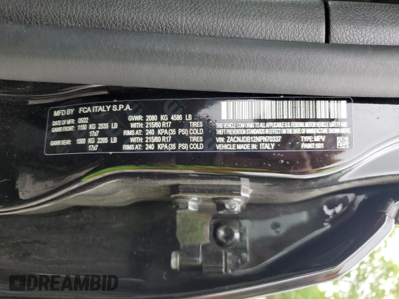 2022 Jeep Renegade Latitude with VIN ZACNJDB12NPN70337, listed as a Copart auction lot 59698525 with 45,255 mi miles and Salvage title. Bid and sale history available at DreamBid. Image 13.