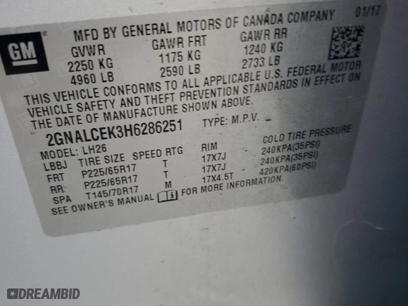 2017 Chevrolet Equinox LT with VIN 2GNALCEK3H6286251, listed as a Copart auction lot 88124225 with 116,651 mi miles and Salvage Title. Bid and sale history available at carsss.com. Image 13.