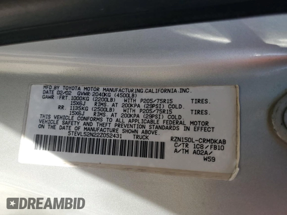 2002 Toyota Tacoma z VIN 5TEVL52N22Z052431, wystawiony jako Copart lot #66226715 z przebiegiem 169 337 mil mil oraz Szkoda całkowita • Salvage title. Historia ofert i sprzedaży dostępna na DreamBid. Obrazek 12.