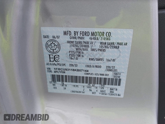 2008 Ford Escape XLT с VIN 1FMCU93118KB07144, выставлен на аукционе IAAI как лот 42597705 с пробегом 178 971 миль миль и . История ставок и продаж доступна на DreamBid. Изображение 9.