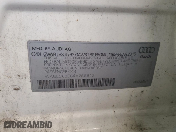 2004 Audi A4 1.8T with VIN WAULC68E64A258642, listed as a Copart auction lot 74793374 with 119,552 mi miles and Salvage Title. Bid and sale history available at carsss.com. Image 12.