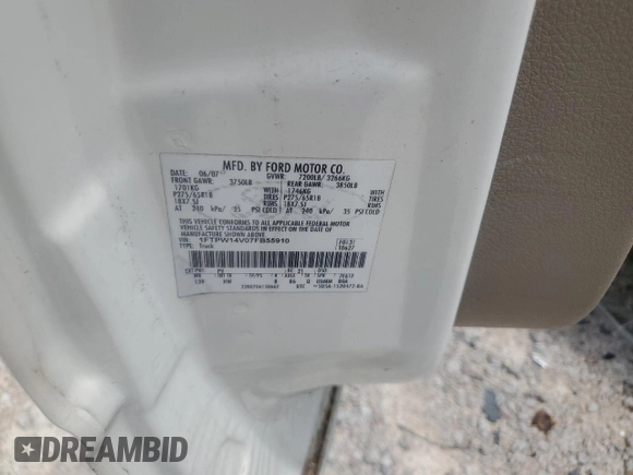 2007 Ford F-150 XLT с VIN 1FTPW14V07FB55910, выставлен на аукционе Copart как лот 62208545 с пробегом Не указан миль и Списание • Salvage title. История ставок и продаж доступна на DreamBid. Изображение 12.