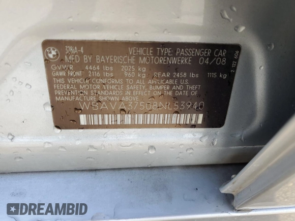 2008 BMW 3 Series 328i with VIN WBAVA37508NL53940, listed as a Copart auction lot 60837095 with 159,811 mi miles and Salvage title. Bid and sale history available at DreamBid. Image 12.