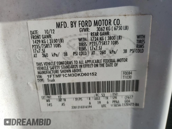 2013 Ford F-150 XL with VIN 1FTMF1CM3DKD60152, listed as a Copart auction lot 88421365 with 169,268 mi miles and Salvage Title. Bid and sale history available at carsss.com. Image 12.