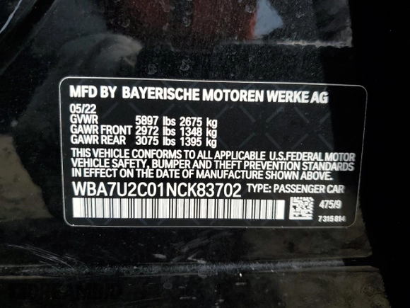 2022 BMW 7 Series 750i xDrive с VIN WBA7U2C01NCK83702, выставлен на аукционе Copart как лот 45450975 с пробегом Не указан миль и Списание • Salvage title. История ставок и продаж доступна на DreamBid. Изображение 12.
