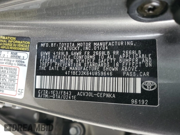 2004 Toyota Camry LE with VIN 4T1BE32K64U859646, listed as a Copart auction lot 78596234 with 132,915 mi miles and Salvage Title. Bid and sale history available at DreamBid. Image 12.
