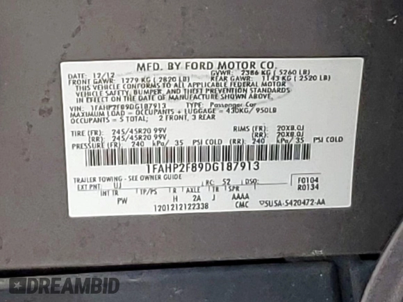 2013 Ford Taurus Limited z VIN 1FAHP2F89DG187913, wystawiony jako Copart lot #57096865 z przebiegiem 93 575 mil mil oraz Szkoda całkowita • Salvage title. Historia ofert i sprzedaży dostępna na DreamBid. Obrazek 12.