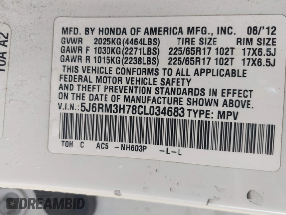 2012 Honda CR-V EX-L with VIN 5J6RM3H78CL034683, listed as a IAAI auction lot 41892351 with 153,029 mi miles. Bid and sale history available at carsss.com. Image 9.