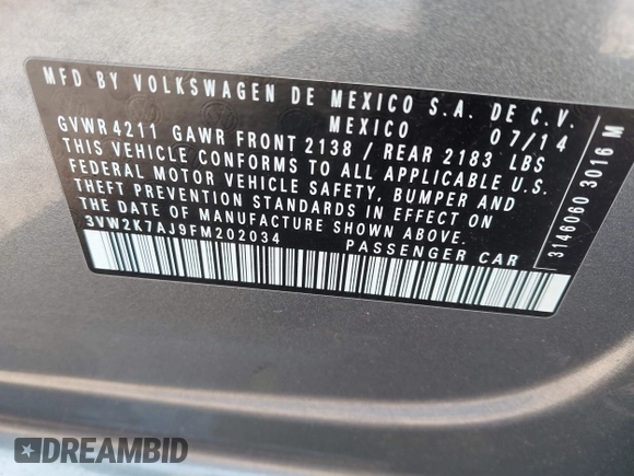 2015 Volkswagen Jetta S with VIN 3VW2K7AJ9FM202034, listed as a IAAI auction lot 42509287 with 141,588 mi miles and . Bid and sale history available at DreamBid. Image 9.