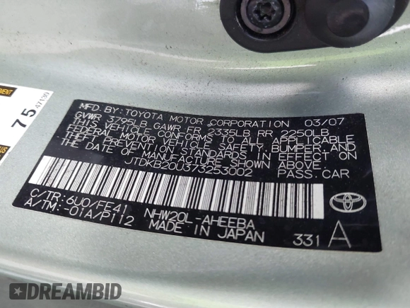 2007 Toyota Prius with VIN JTDKB20U373253002, listed as a IAAI auction lot 41849230 with 264,388 mi miles. Bid and sale history available at carsss.com. Image 9.