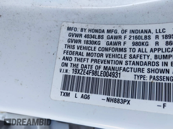 2020 Honda Insight Touring with VIN 19XZE4F98LE004931, listed as a IAAI auction lot 40832066 with 79,013 mi miles and . Bid and sale history available at carsss.com. Image 9.