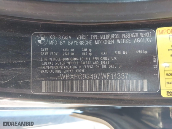 2007 BMW X3 3.0si with VIN WBXPC93497WF14337, listed as a IAAI auction lot 42043926 with 229,556 mi miles. Bid and sale history available at carsss.com. Image 9.