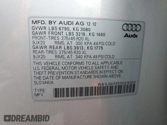 2013 Audi Q7 Premium Plus z VIN WA1LGAFE5DD010324, wystawiony jako Copart lot #54022435 z przebiegiem 107 989 mil mil oraz Szkoda całkowita • Salvage title. Historia ofert i sprzedaży dostępna na DreamBid. Obrazek 13.