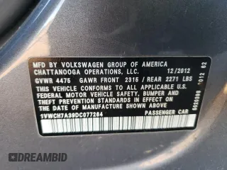 2013 Volkswagen Passat SEL Premium with VIN 1VWCH7A39DC077264, listed as a Copart auction lot 88160705 with 172,452 mi miles and Salvage Title. Bid and sale history available at carsss.com. Image 12.