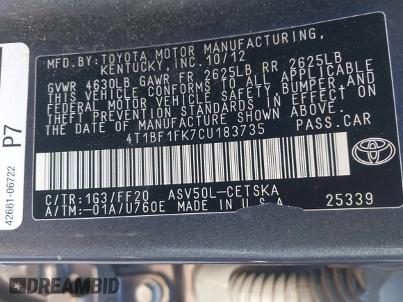 2012 Toyota Camry L with VIN 4T1BF1FK7CU183735, listed as a IAAI auction lot 41677061 with 185,399 mi miles and . Bid and sale history available at carsss.com. Image 9.