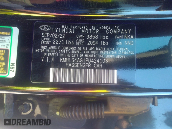2023 Hyundai Elantra SEL with VIN KMHLS4AG1PU424103, listed as a IAAI auction lot 39127549 with 9,355 mi miles and . Bid and sale history available at DreamBid. Image 9.