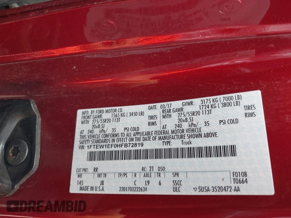 2017 Ford F-150 XL with VIN 1FTEW1EF0HFB72819, listed as a IAAI auction lot 42439836 with Not provided miles and . Bid and sale history available at DreamBid. Image 9.