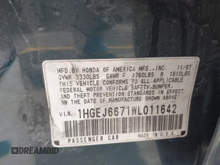 1998 Honda Civic LX z VIN 1HGEJ6671WL011642, wystawiony jako IAAI lot #42308904 z przebiegiem 77 380 mil mil oraz . Historia ofert i sprzedaży dostępna na DreamBid. Obrazek 9.