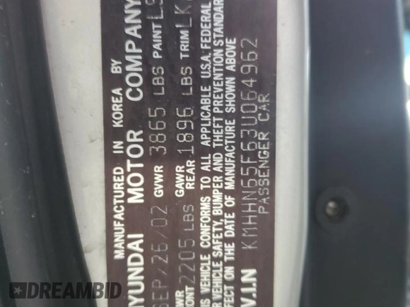 2003 Hyundai Tiburon GT z VIN KMHHN65F63U064962, wystawiony jako Copart lot #44804045 z przebiegiem 186 171 mil mil oraz Szkoda całkowita • Salvage title. Historia ofert i sprzedaży dostępna na DreamBid. Obrazek 14.