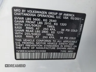2021 Volkswagen Atlas SEL with VIN 1V2EE2CA0MC222998, listed as a Copart auction lot 57527635 with 100,802 mi miles and Salvage title. Bid and sale history available at DreamBid. Image 13.