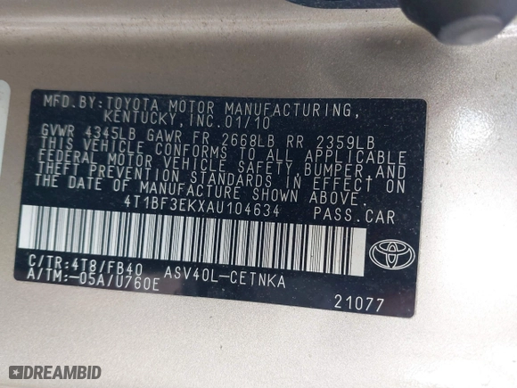 2010 Toyota Camry with VIN 4T1BF3EKXAU104634, listed as a IAAI auction lot 41904477 with 157,801 mi miles. Bid and sale history available at carsss.com. Image 9.